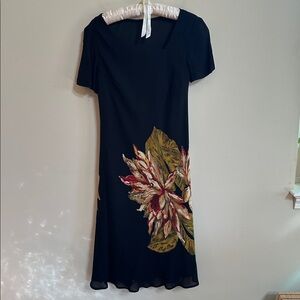 Carole Little Black Dress with Red and Green Floral Design Vintage 1990s